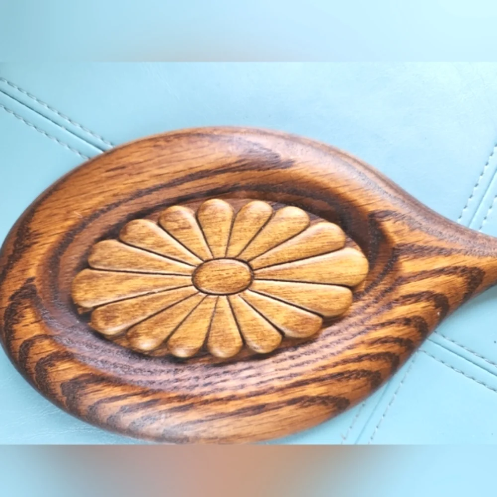Prairie BEVELED Rich Brown Tiger Wood Oval Handle OOAK Carved Flower Hand Mirror
